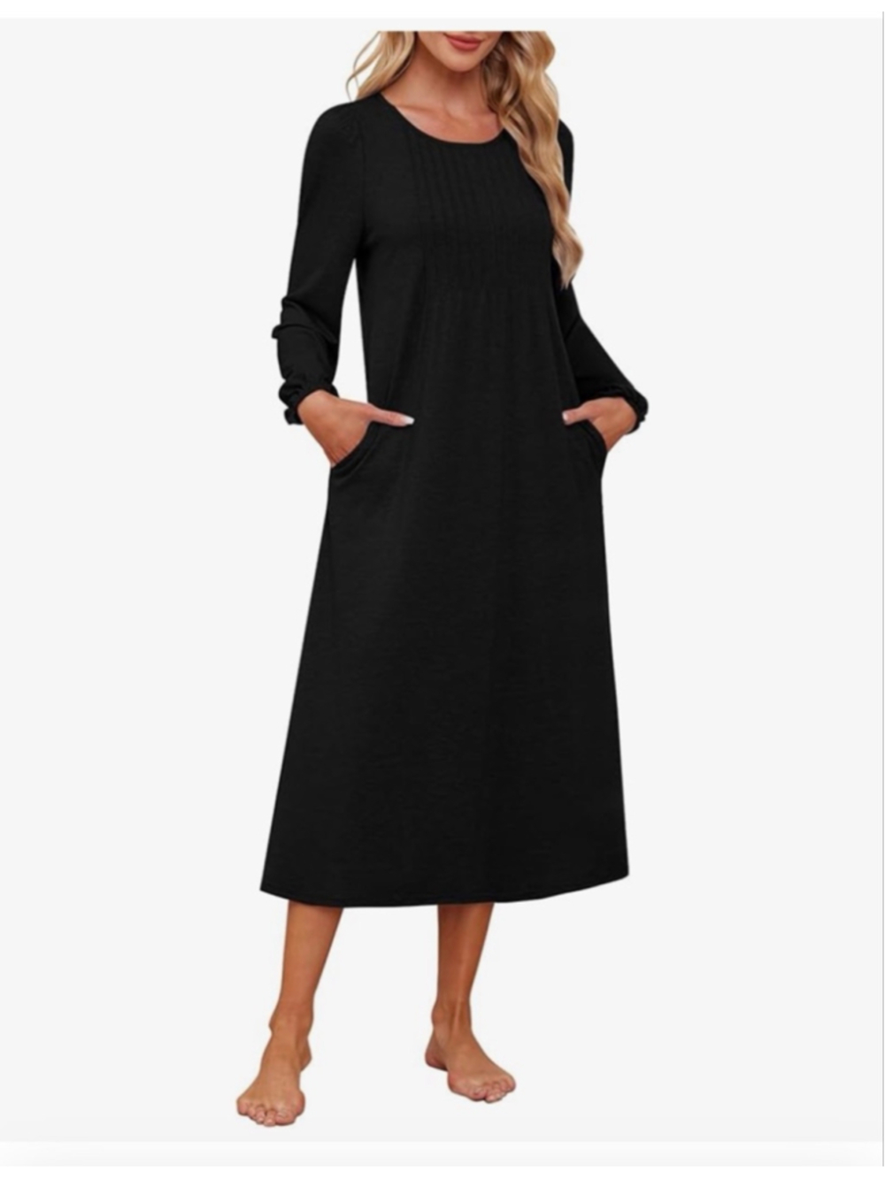 NEW Long Sleeve Nightgown Pleated Scooped Neck Sleep Gown L